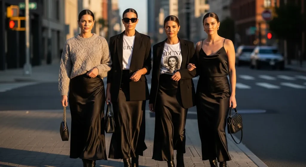 Black Satin Skirt Outfit Ideas