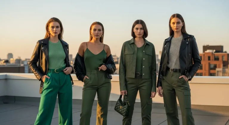 What to Wear with Green Pants and a Leather Jacket for Edgy Looks
